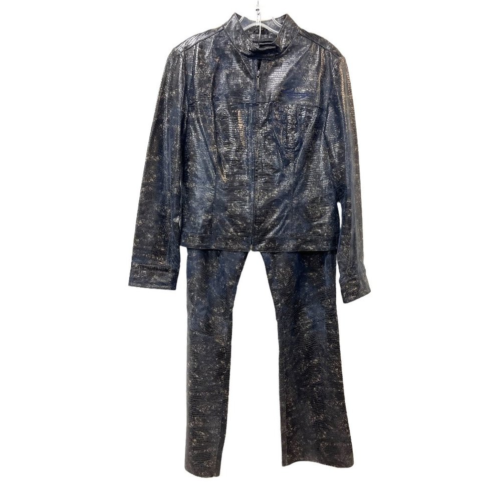 Davoucci Leather Pant Suit Bomber Jacket Brown Blue Snakeskin Pattern Glam Biker